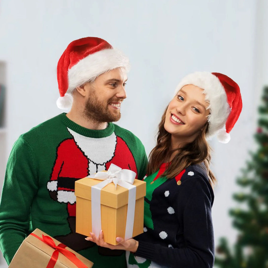 Red and white plush LED Santa hat with pom-pom and 20 multi-colour lights illuminated.