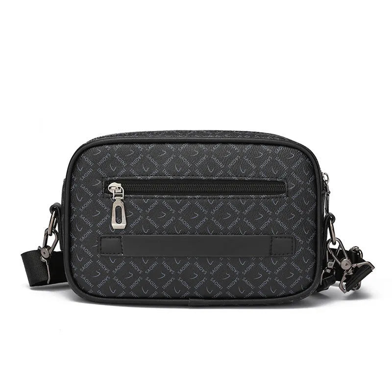 Men's black geometric pattern PU messenger bag shown horizontally with shoulder strap