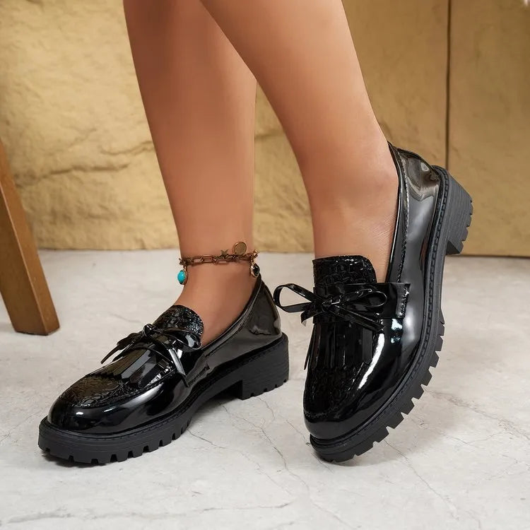 Women's black and brown bow loafers in artificial PU for spring and autumn seasons