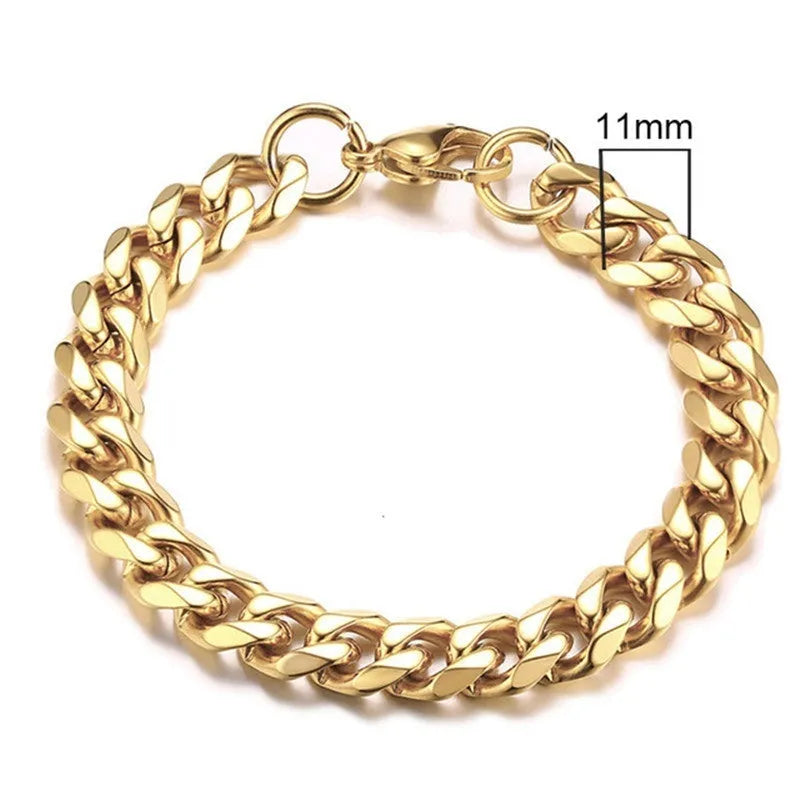 Geometric six-sided Cuban link metal bracelet shown in gold, black and steel colour finishes with varying widths from 3mm to 11mm.