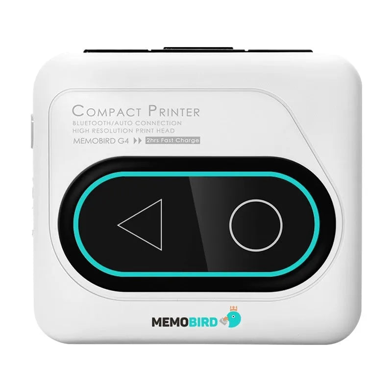 Portable Bluetooth thermal mini printer in avocado green, pink, yellow duck, or white, showing compact size next to a smartphone.