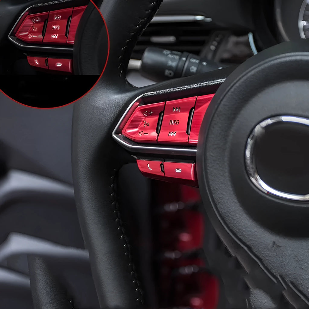 Aluminium alloy decorative stickers for steering wheel buttons in brushed red silver and blue finishes