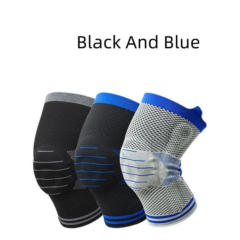 Silicone massage spring bar knee protector in cotton, shown in black and blue colour on a leg.