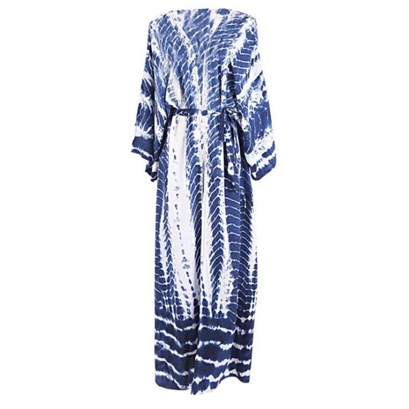 Women's long loose cotton beach cover-up shirt in printed DN0712 colour design.