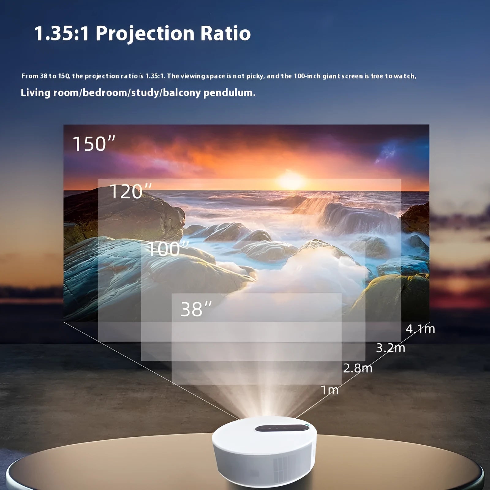 White HD home cinema projector with remote control on a wooden surface.