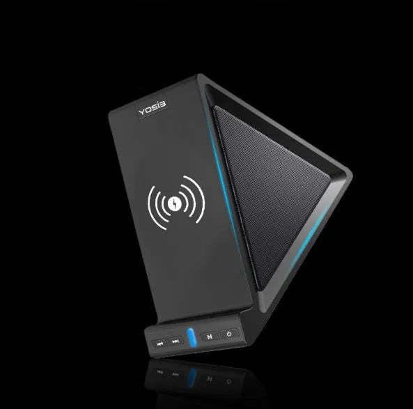 Black multifunction Bluetooth speaker with wireless charging surface and integrated phone stand