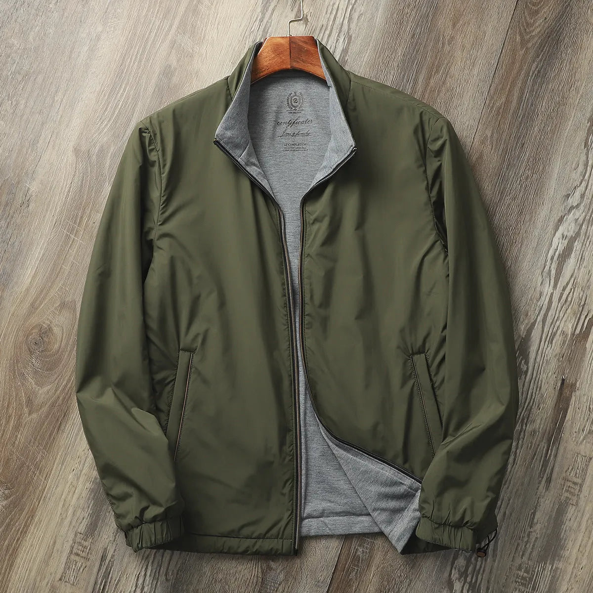 Men's simple stand collar jacket in Army Green, shown in a regular fit for business casual wear.