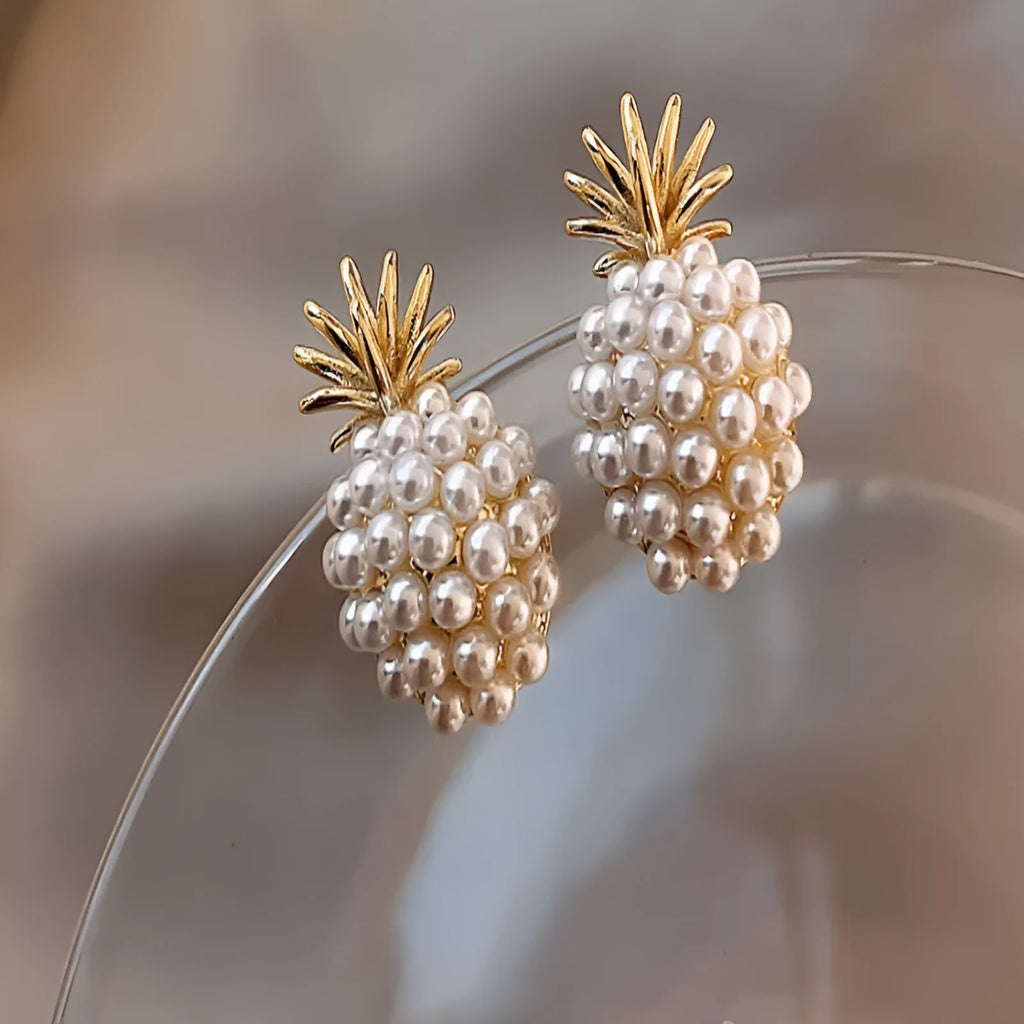 Korean style pineapple and starfish pearl earrings for women in electroplated alloy with four colour options