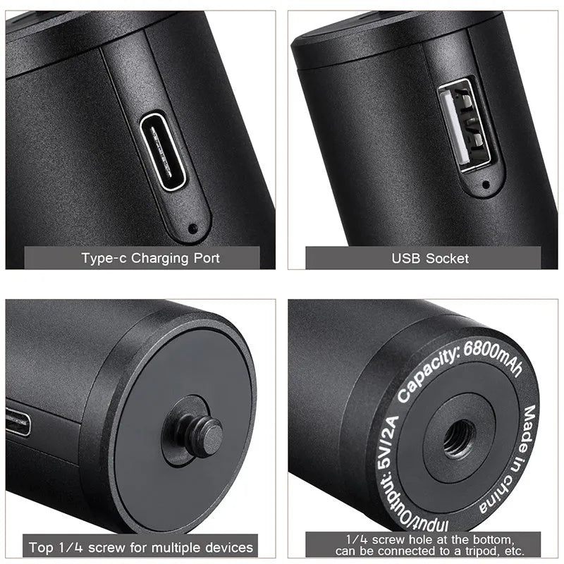 Black aluminium alloy power bank handle with 6800mAh capacity measuring 12.5cm long