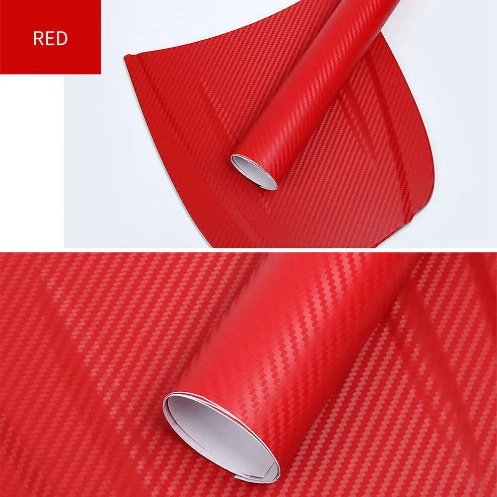 3D carbon fibre car stickers in eight colours including black, silver, blue on 30x127cm sheet