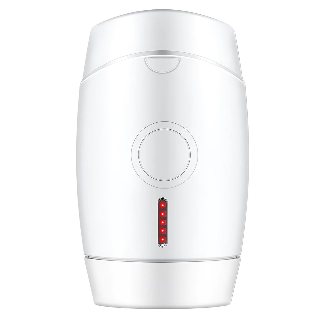 White home laser hair removal device with digital display and compact handheld design on a plain background.
