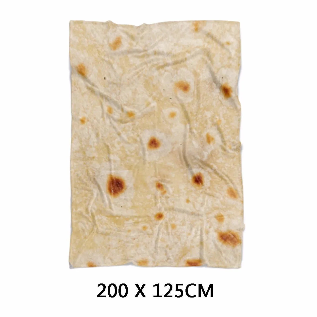 Round shape flannel burrito blanket with food-themed printing showing coral fleece texture