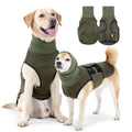 Army green dog anti-anxiety jacket wrapped around medium-sized dog