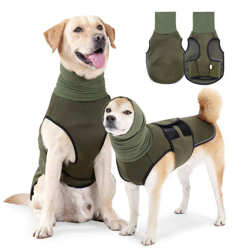 Army green dog anti-anxiety jacket wrapped around medium-sized dog