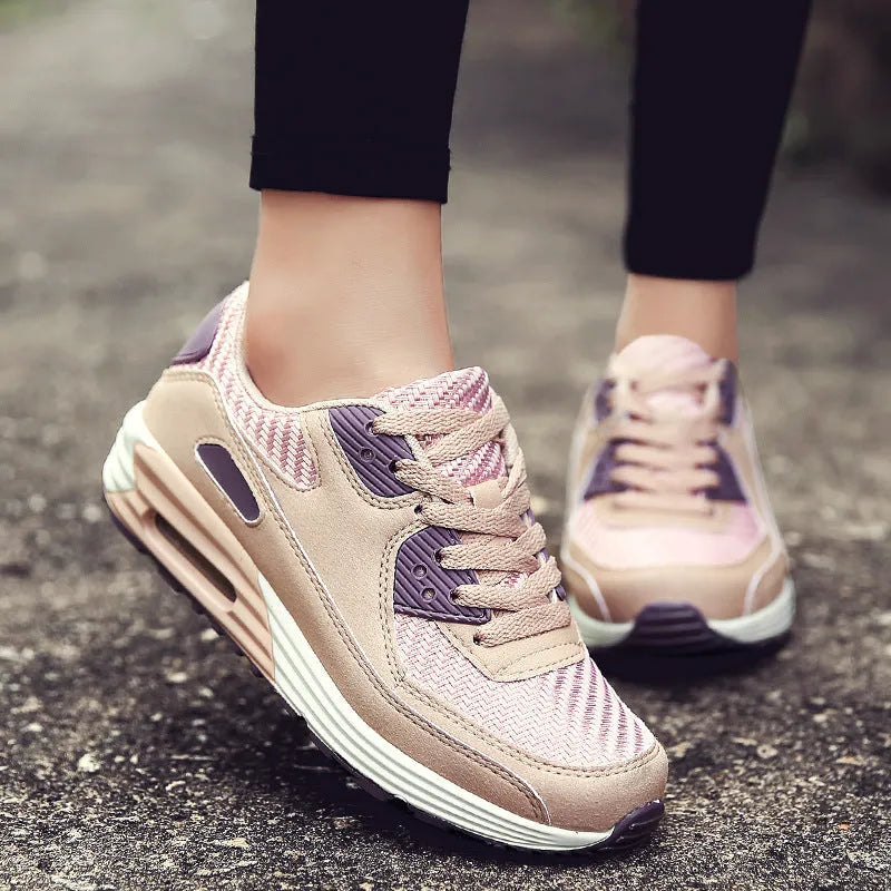 Women's low-heel casual shoes in beige orange, grey, or pink purple, showing a 3.5 cm heel.