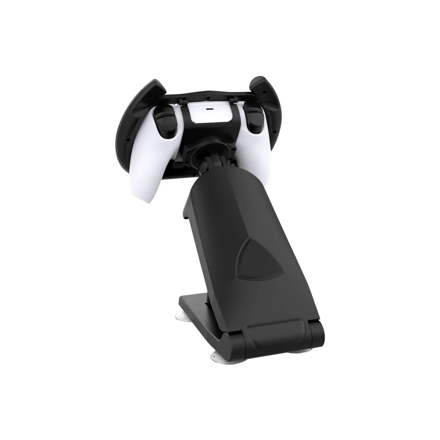 Black gamepad steering wheel bracket with suction cup base holding mobile phone