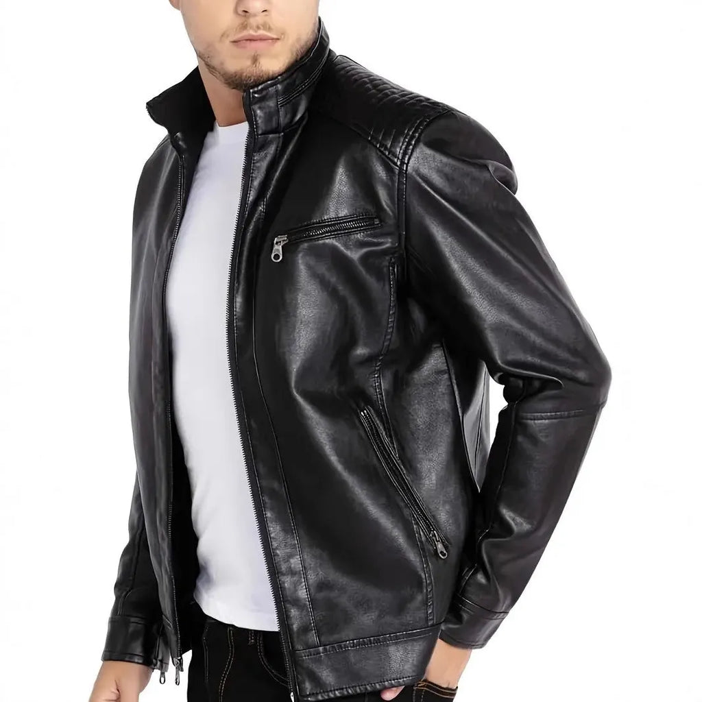 Men's brown artificial leather punk style motorcycle jacket with stand collar and patch pocket