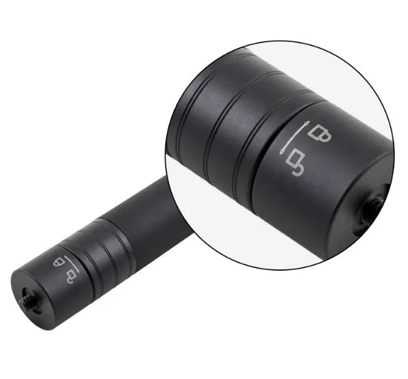 Black retractable selfie stick with stabilizer grip extended to full length with phone attached