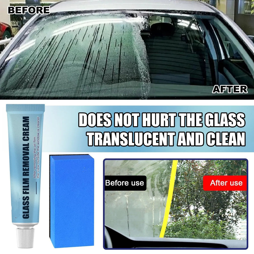 Blue car glass oil film remover with sponge applicator for windshield and window decontamination