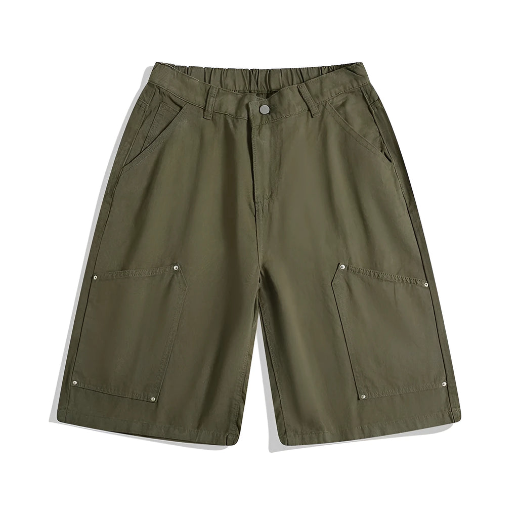 Casual wide-leg cropped workwear shorts in apricot colour with a mid waist and rivet detail