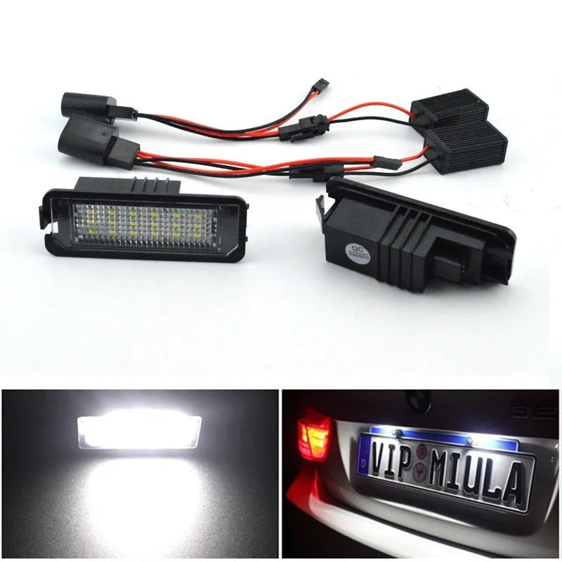 Volkswagen LED licence plate light unit for Golf, Polo, Phaeton models with plug connector.
