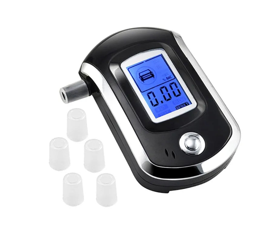 Black portable breathalyser alcohol tester with digital display and mouthpiece