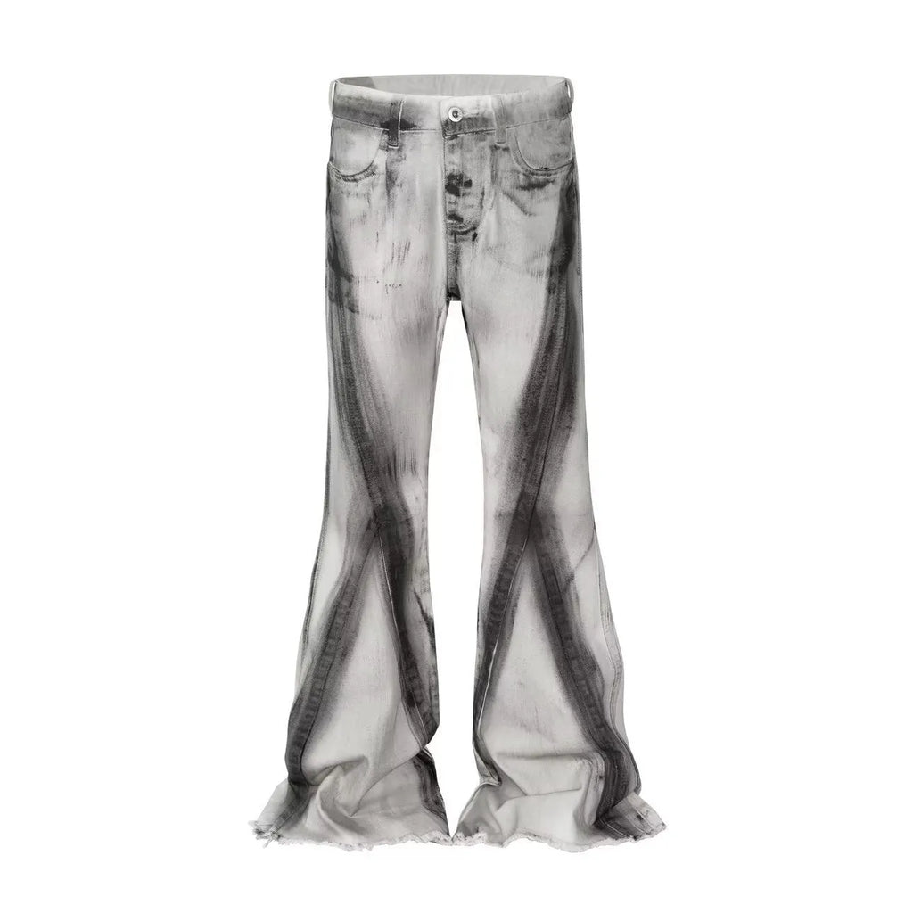 Men's white retro selvedge jeans with black ribbon gradient detailing and a zip fly.