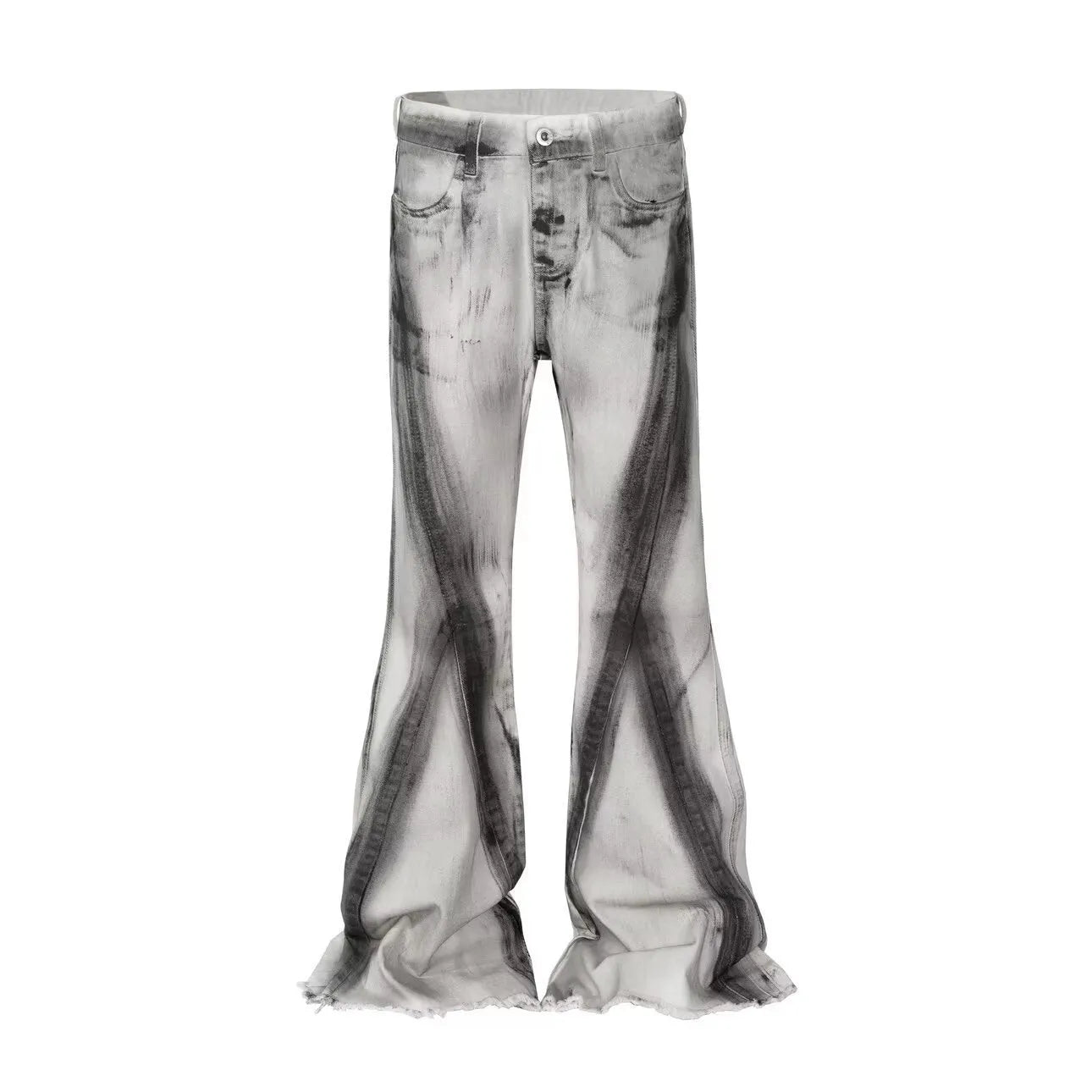 Men's white retro selvedge jeans with black ribbon gradient detailing and a zip fly.
