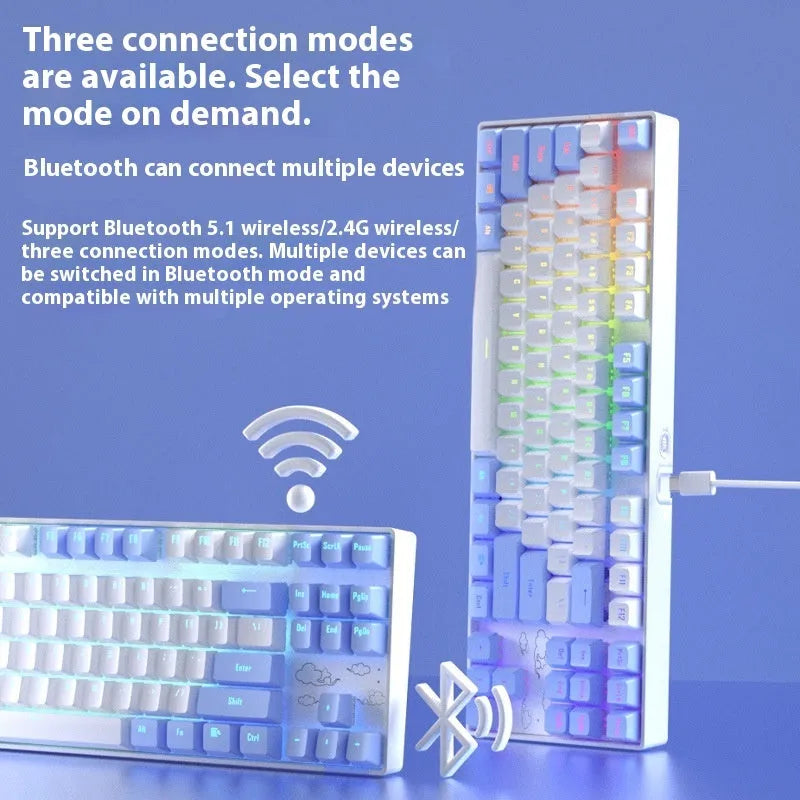 Wireless Bluetooth mechanical keyboard with metal board and green switches in blue white ice blue light colour