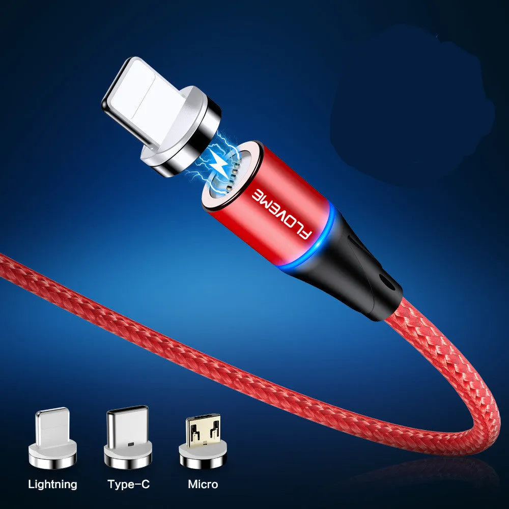 3A fast charge magnetic data cable with LED light indicator in black, red, and silver colour options