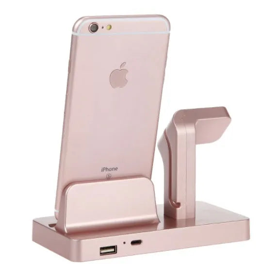 White 2-in-1 charging dock holding an iPhone and an Apple Watch upright on a desk.