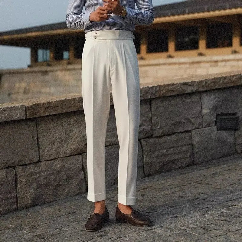 Slim fit straight leg suit trousers in apricot, black, or white for business formal wear.
