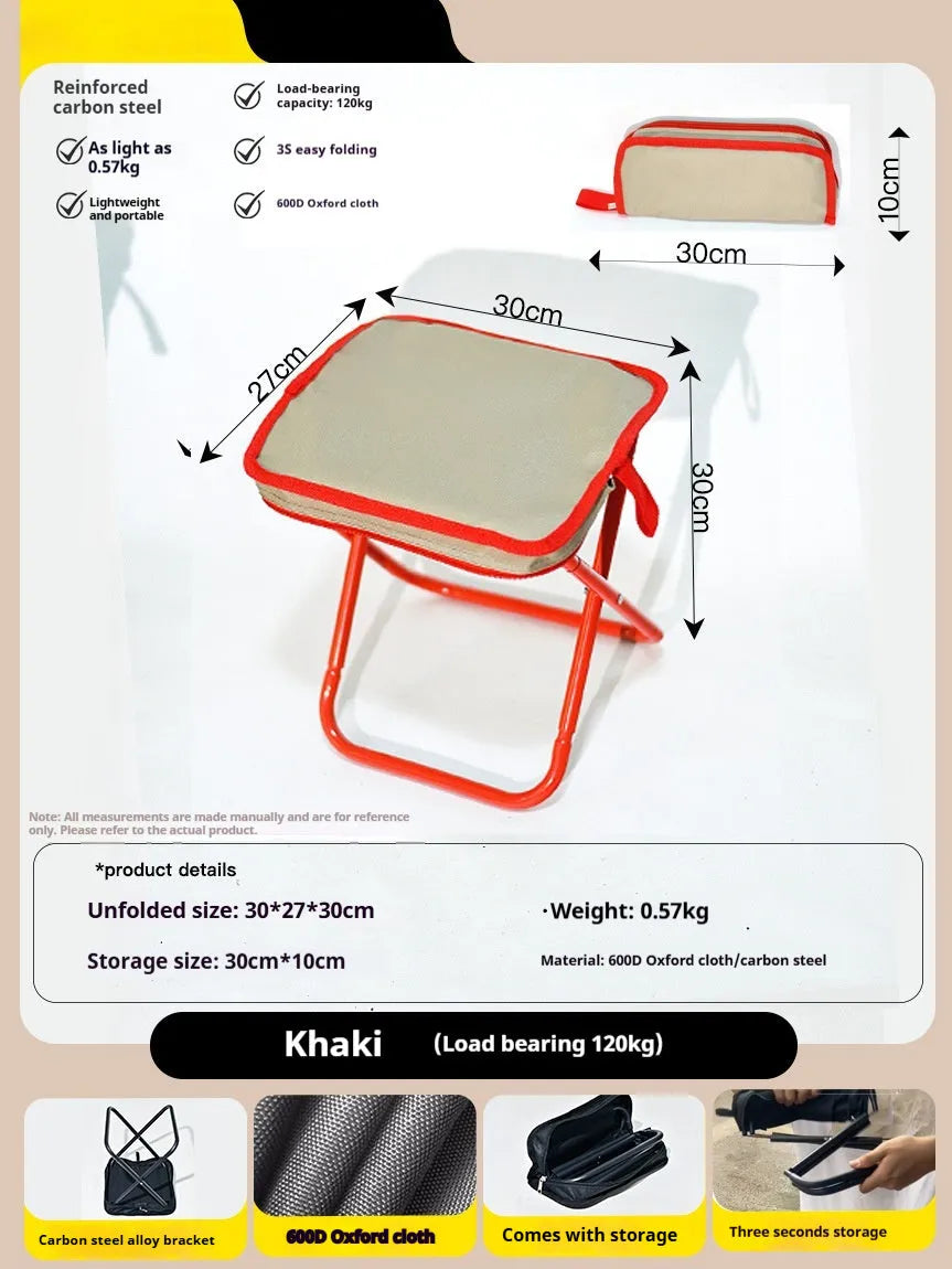 Lightweight foldable camp chair stool in khaki colour, shown both set up and folded into its compact pencil box carry case.