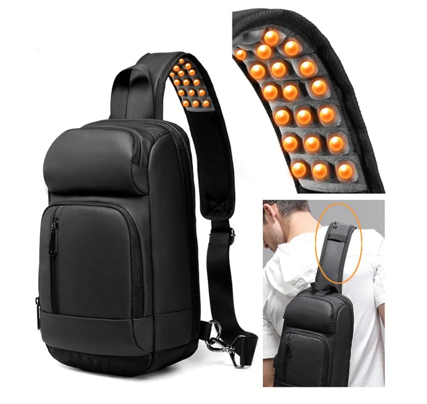 Black PVC outdoor shoulder bag with air cushion strap showing internal computer pocket and organisational compartments