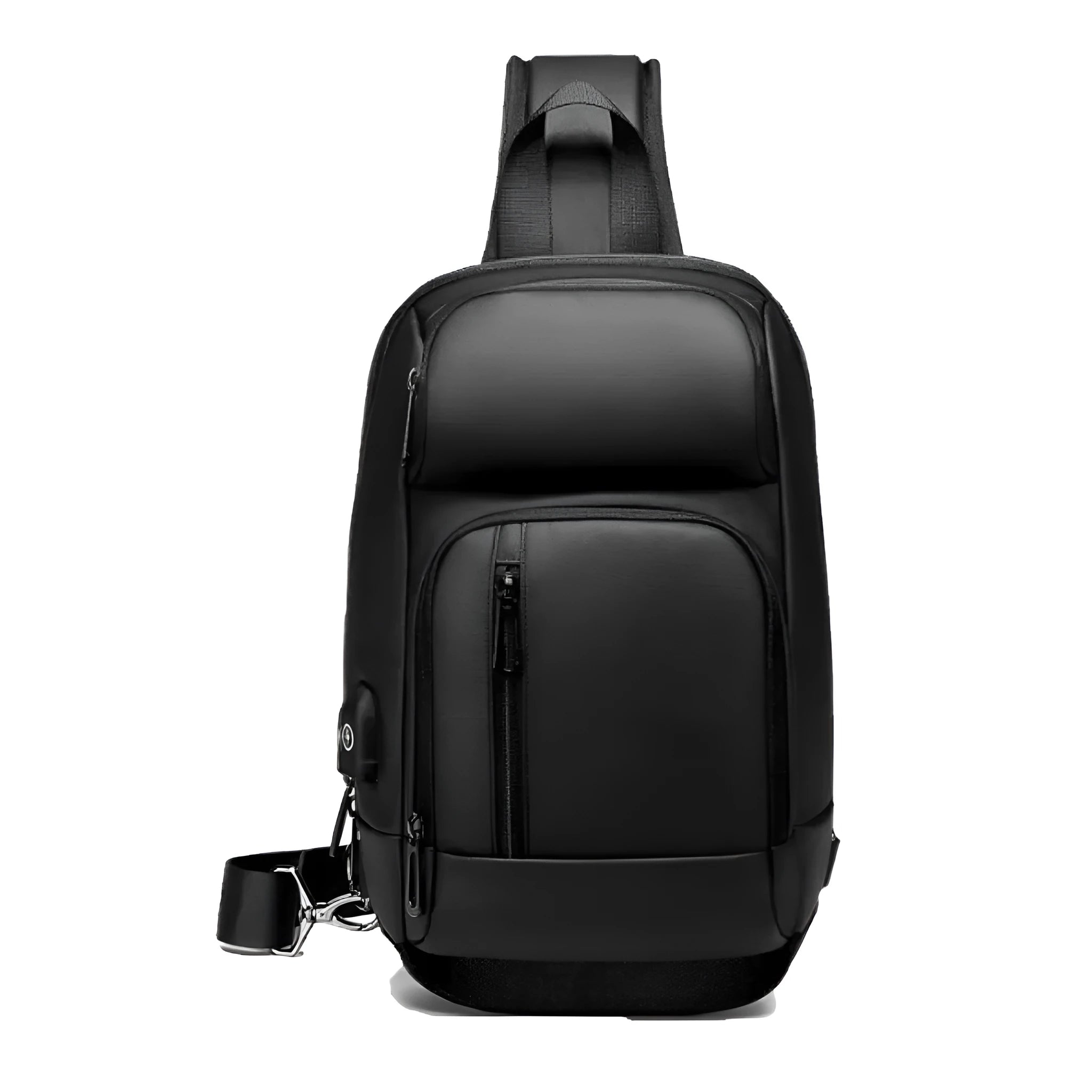 Black PVC outdoor shoulder bag with air cushion strap showing internal computer pocket and organisational compartments