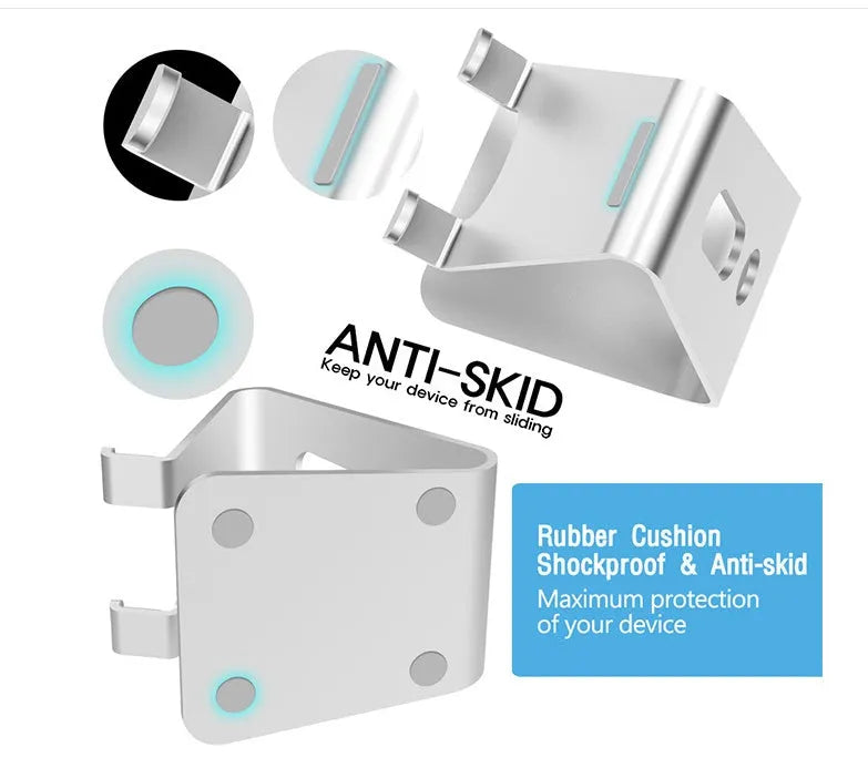 Aluminium universal stand holding a smartphone and a tablet at an adjustable angle.