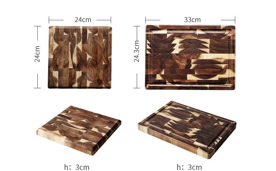 Brown acacia solid wood chopping board with parquet pattern, showing 3cm side thickness.