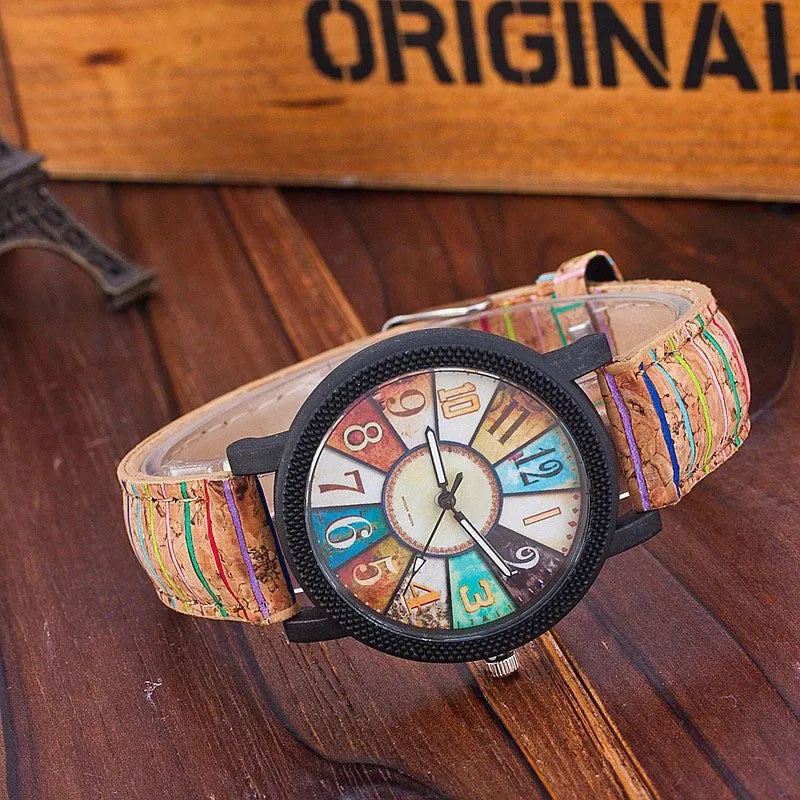 Women's vintage leather wrist watch with round 37mm dial and stainless steel buckle