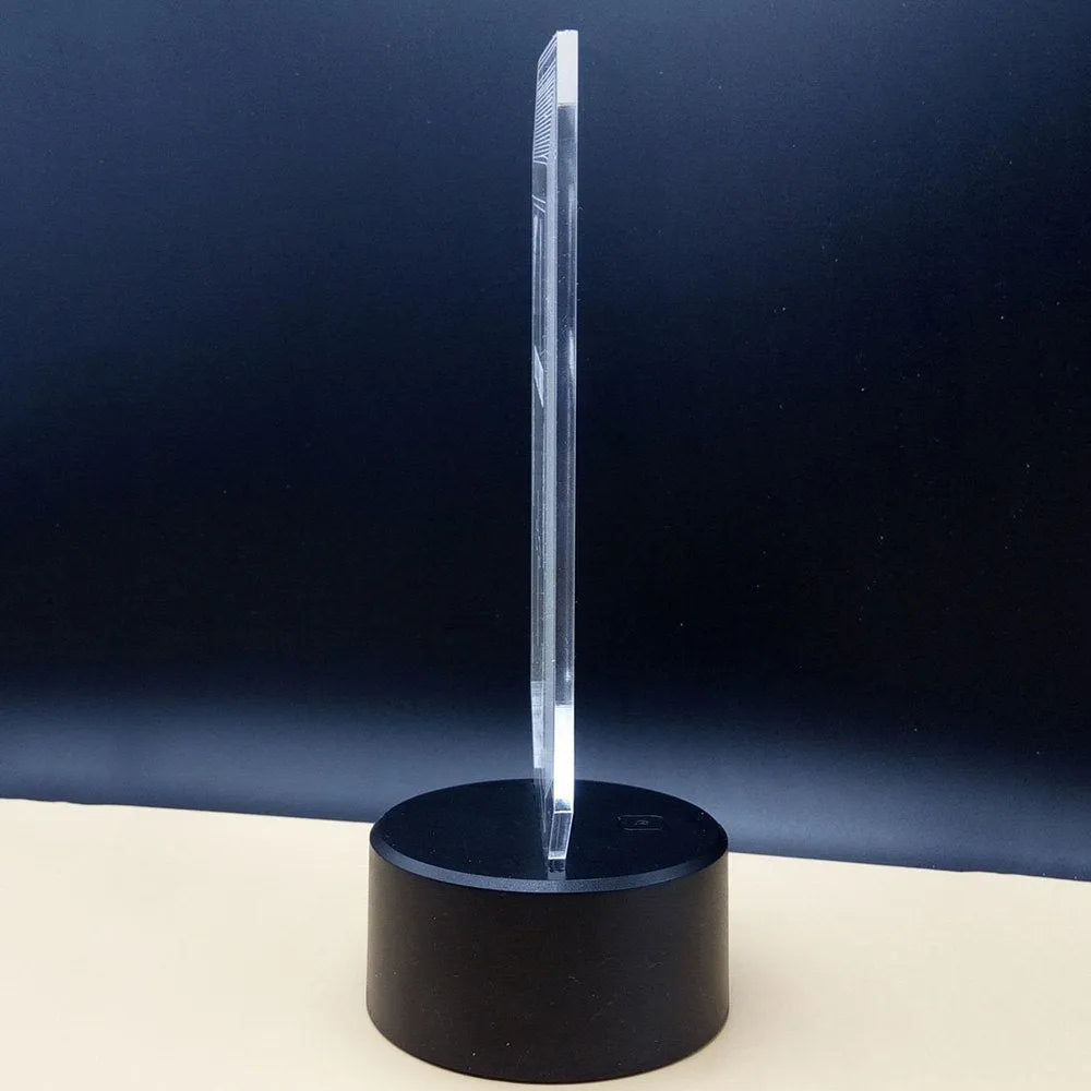 3D brain design acrylic illusion lamp with LED lights on a black ABS base, showing colourful light projection.