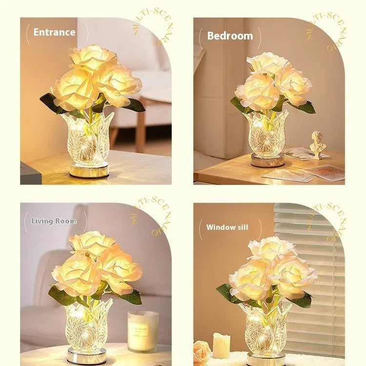 Modern Crystal Flowers rechargeable touch-control dimmable bedside table lamp with USB cable.