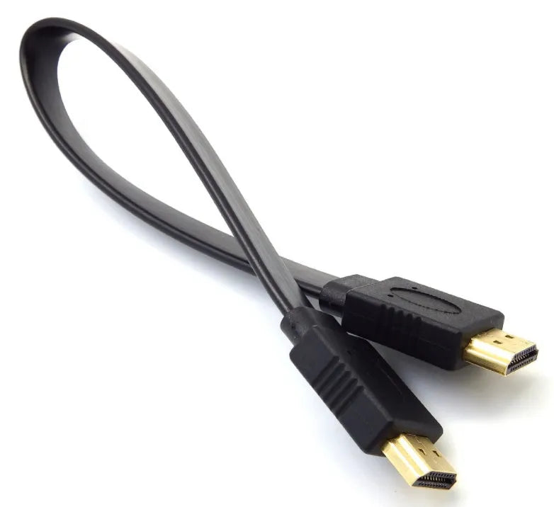 A flat black HDMI cable with male connectors on a white background.
