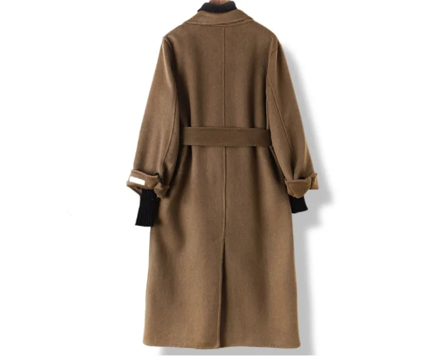 Long men's wool coat with suit collar in black and caramel colour options