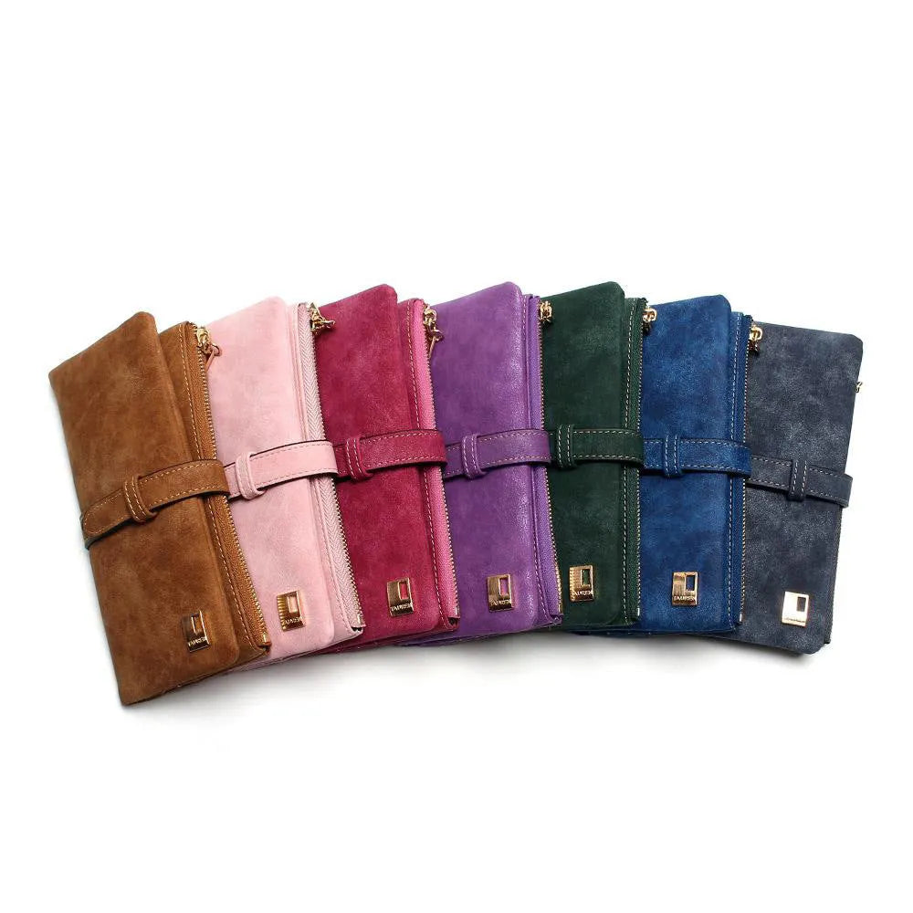 Women's vertical long retro wallet in matte PU leather with zip, shown in Army green colour