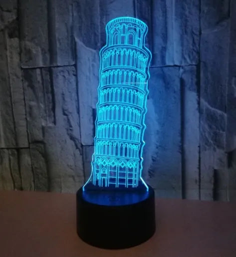 3D acrylic Leaning Tower of Pisa nightlight with colourful LED illumination on black ABS base
