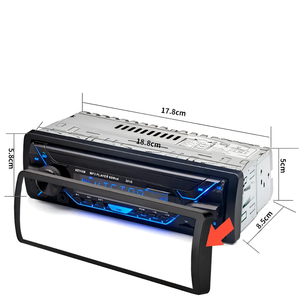 Car dashboard MP3 player radio with Bluetooth, LCD display, USB port, and control buttons