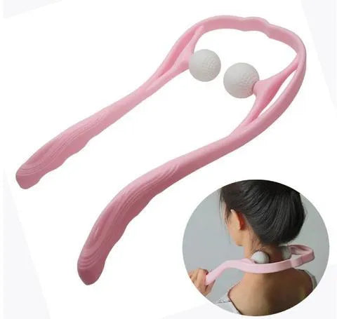 Blue plastic hand roller neck massager with adjustable stand and removable massage heads on a white background