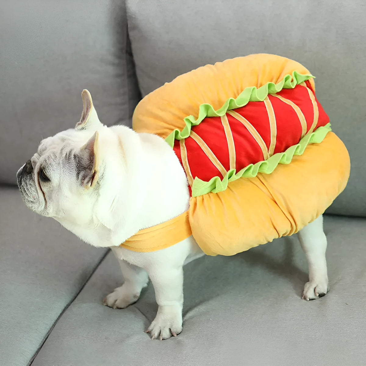 Yellow dog hot dog crossdress outfit, cotton synthetic fibre, one size, neck 57cm, length 27cm