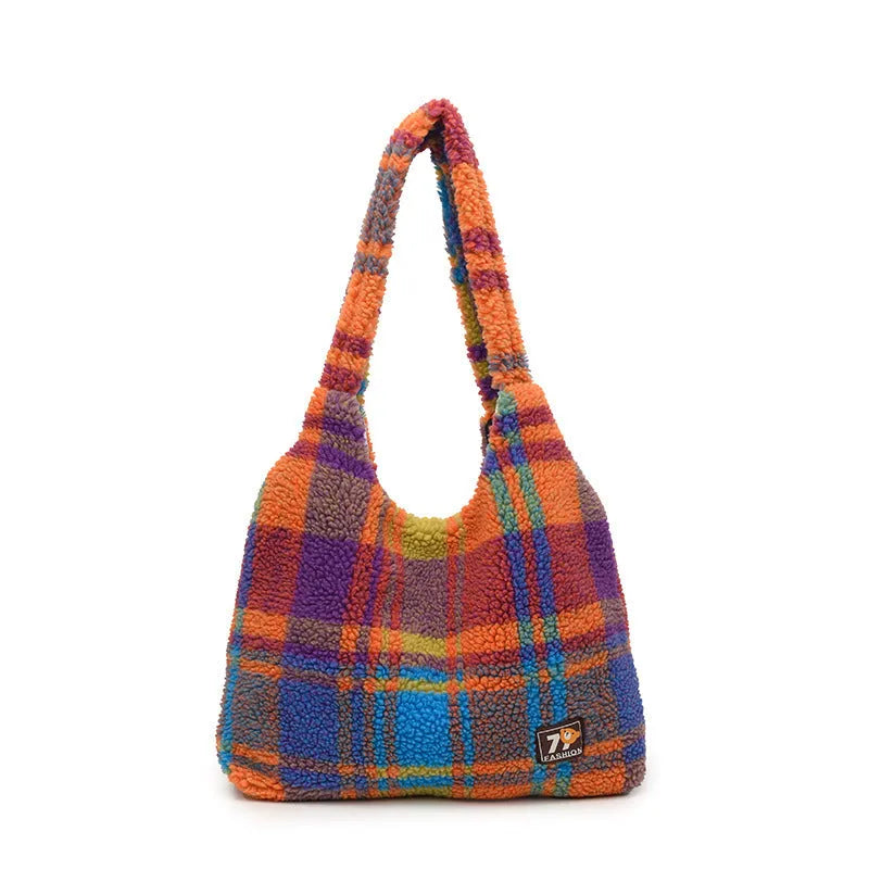 Women's soft plush plaid crossbody tote bag showing large capacity and zipper pocket in horizontal square design.