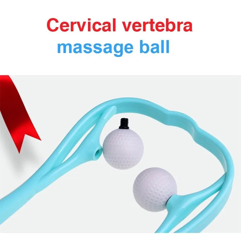 Blue plastic hand roller neck massager with adjustable stand and removable massage heads on a white background