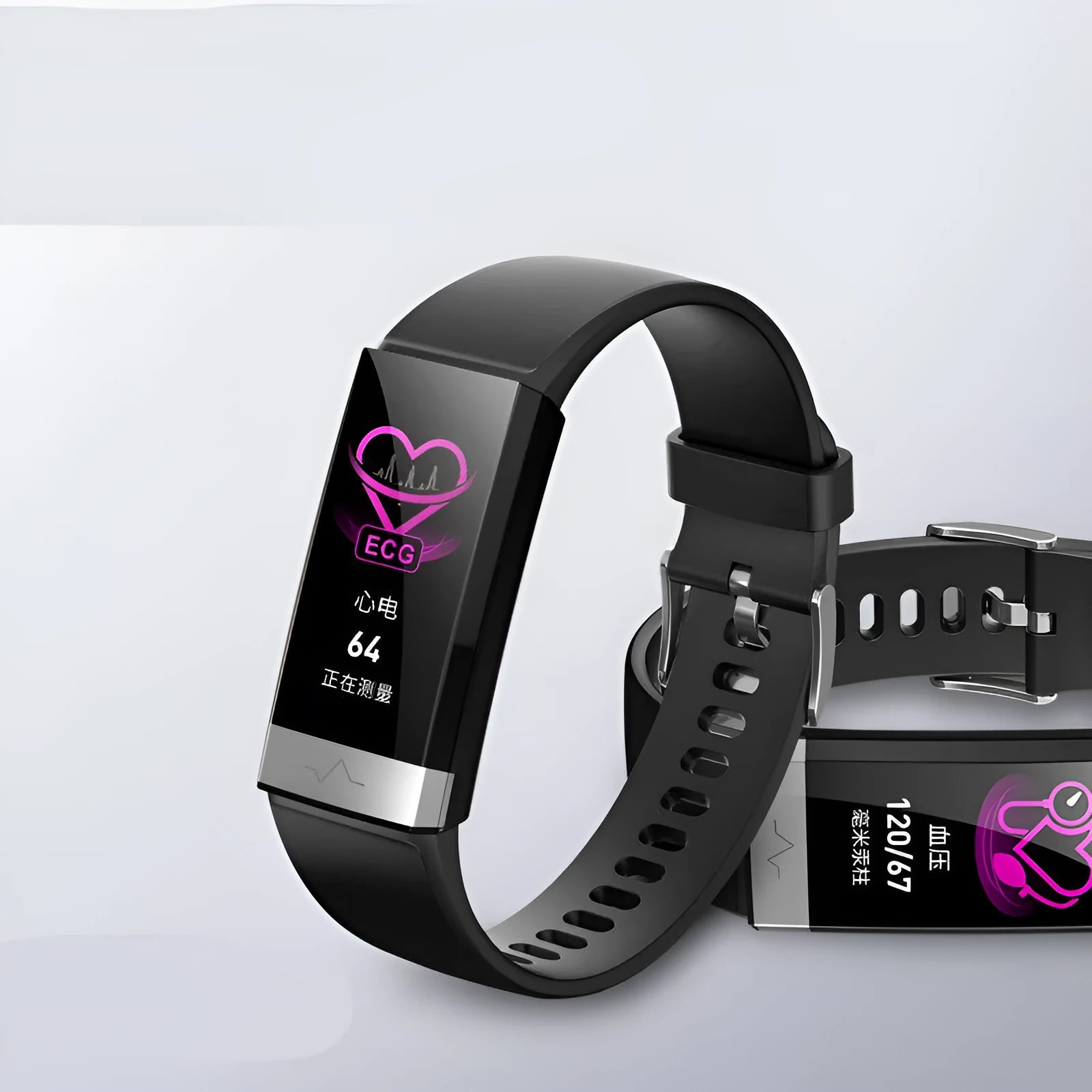 V19 smart bracelet in black showing display with health metrics, featuring TPU strap and ECG PPG SpO2 sensor